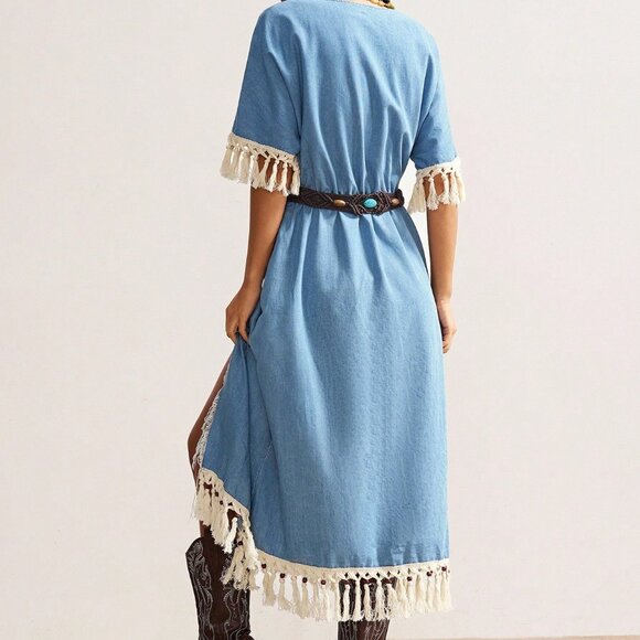 Blue Western Boho Women's Embroidered Casual Dress - Picture 2 of 8